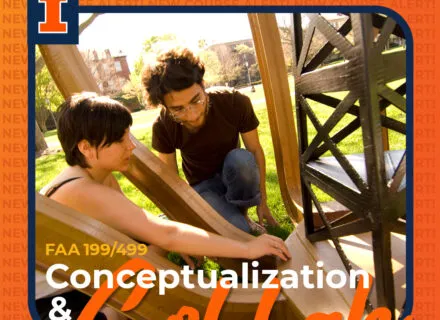 2 people working on wooden structure and graphic text and design in orange and blue