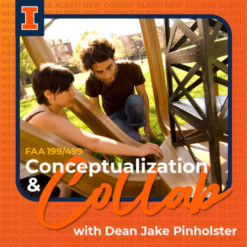 2 people working on wooden structure and graphic text and design in orange and blue