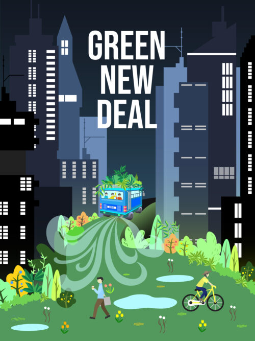 green new deal poster of green lawn with cyclist and skyscrapers in background