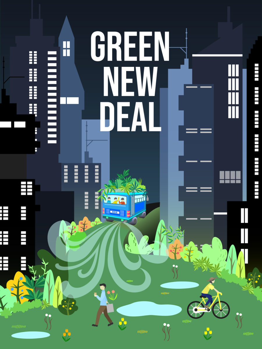 green new deal poster of green lawn with cyclist and skyscrapers in background