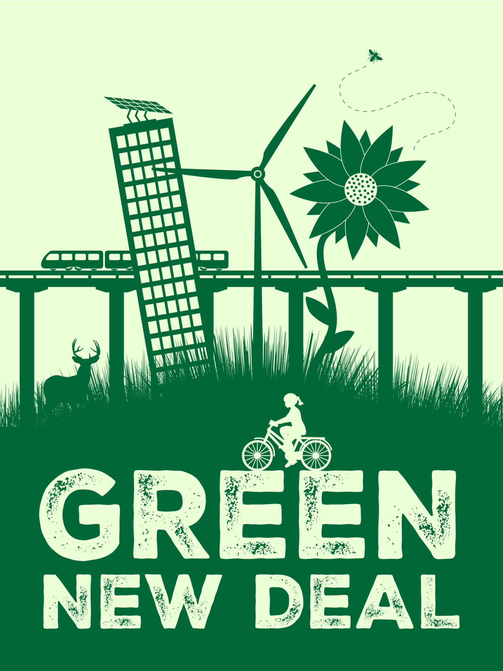 green new deal poster with long grass, green energy resources, flower, and cyclist