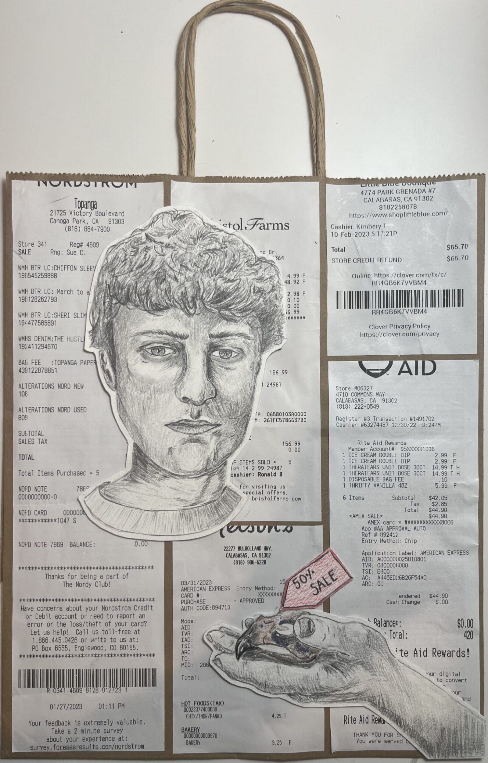 multimedia piece with receipts, sketch of a head, and sketch of a hand on a brown shopping bag