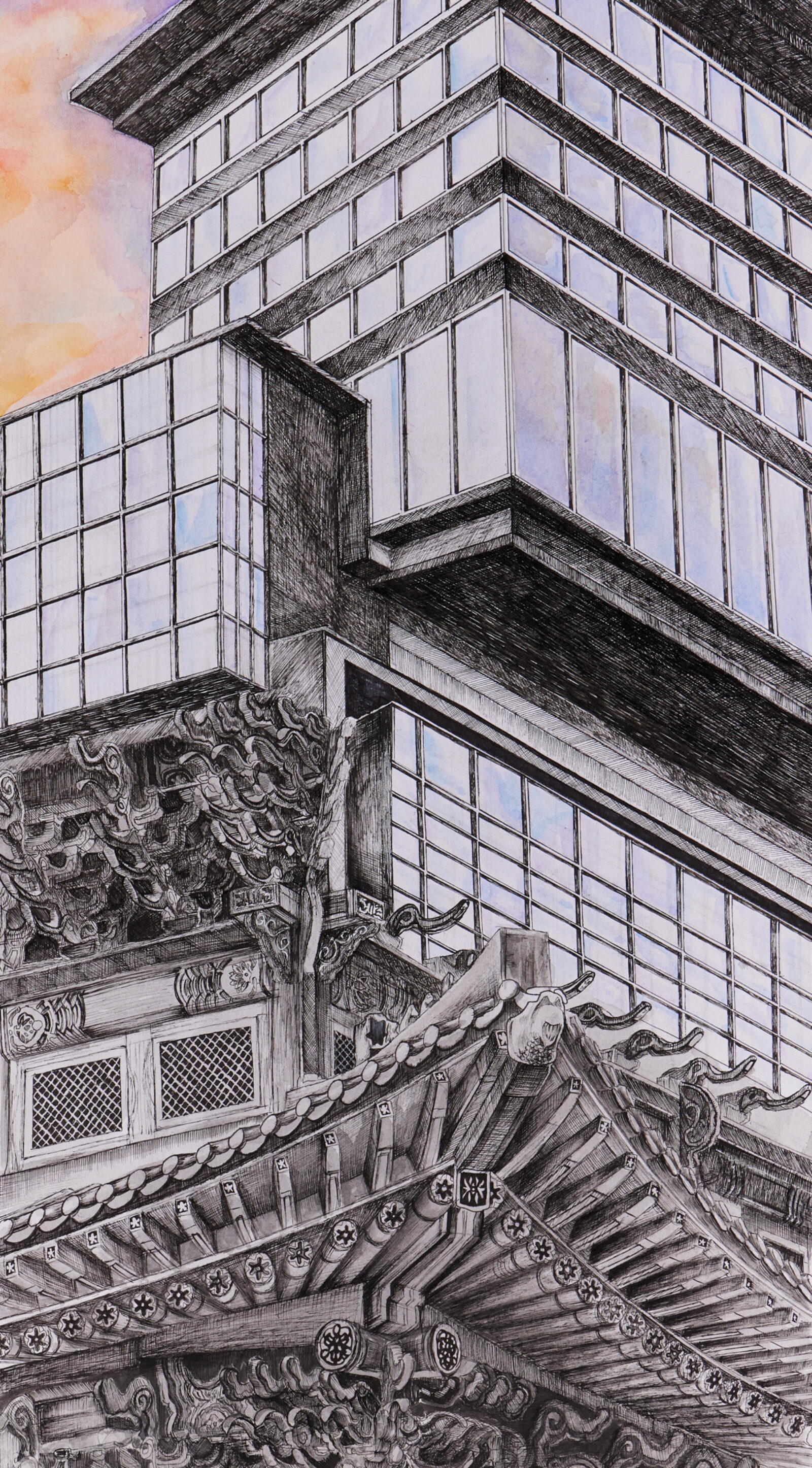 sketch of skyscraper with pagoda in foreground