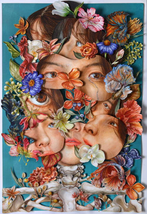 self-portrait with multiple faces and flowers