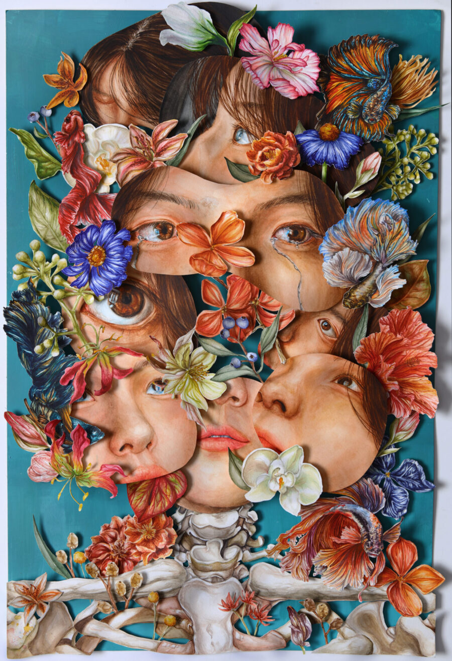 self-portrait with multiple faces and flowers