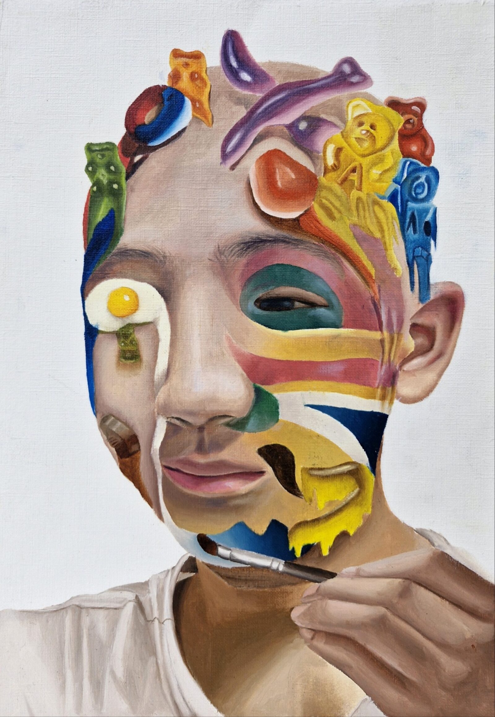 self-portrait with superimposed painted abstract shapes and lines