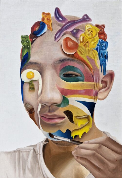 self-portrait with superimposed painted abstract shapes and lines