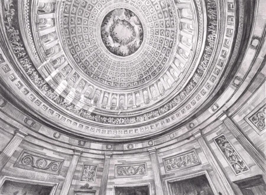 black and white sketch of intricate domed ceiling