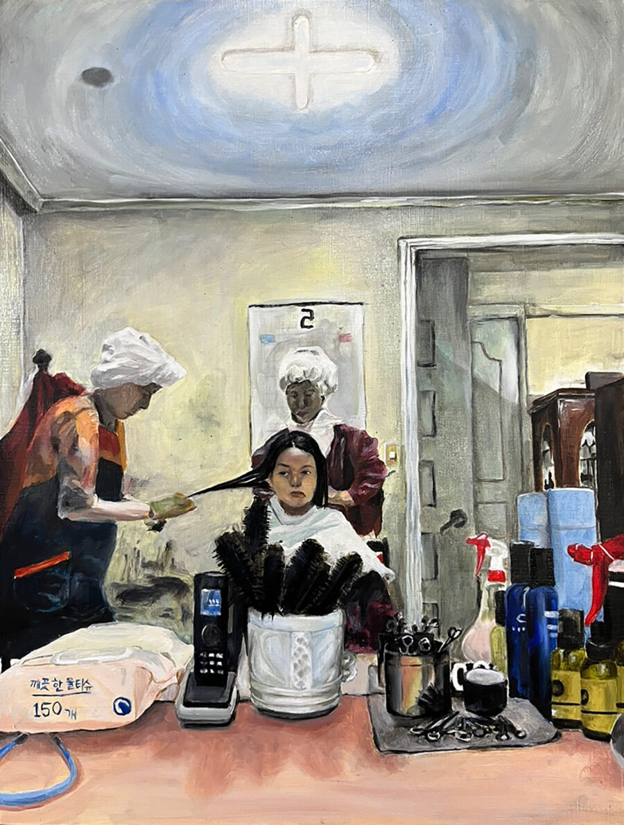 self-portrait of a long-haired person getting hair combed 