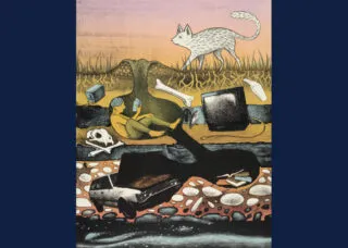 artwork with human and animals 