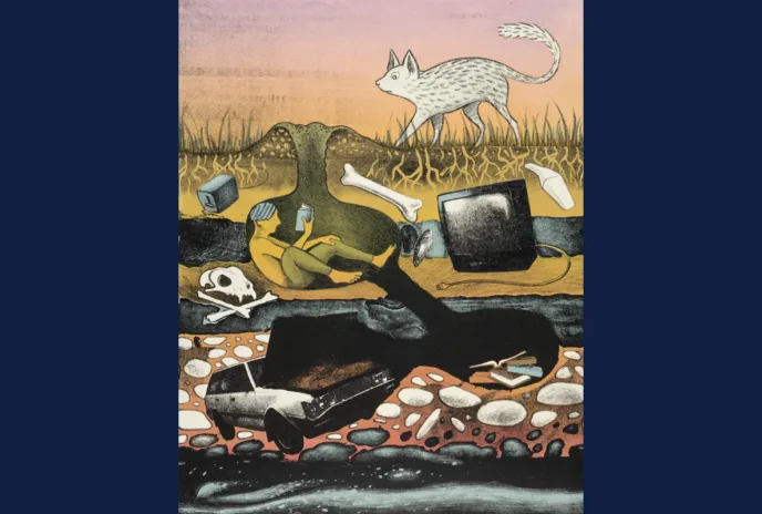 artwork with human and animals 