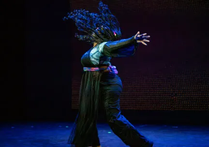 dancer facing left with arm out and long dark braids up and over her face