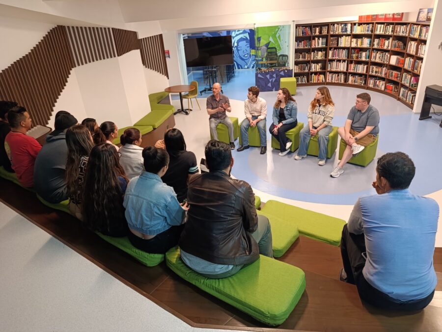 people gathered in a library