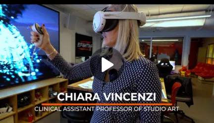 screenshot of video with person wearing VR goggles