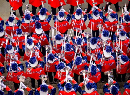 Overhead view of Marching Illini brass players