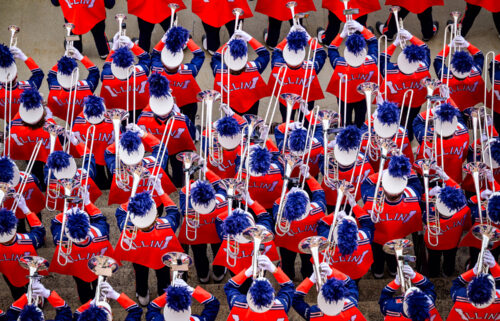 Overhead view of Marching Illini brass players