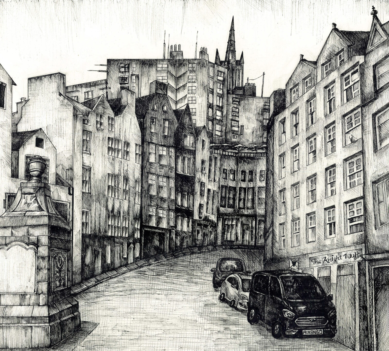 black and white drawing of a curving stone street with buildings crowded along each side