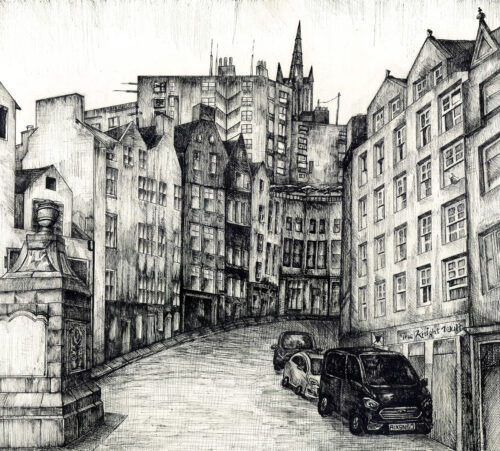black and white drawing of a curving stone street with buildings crowded along each side