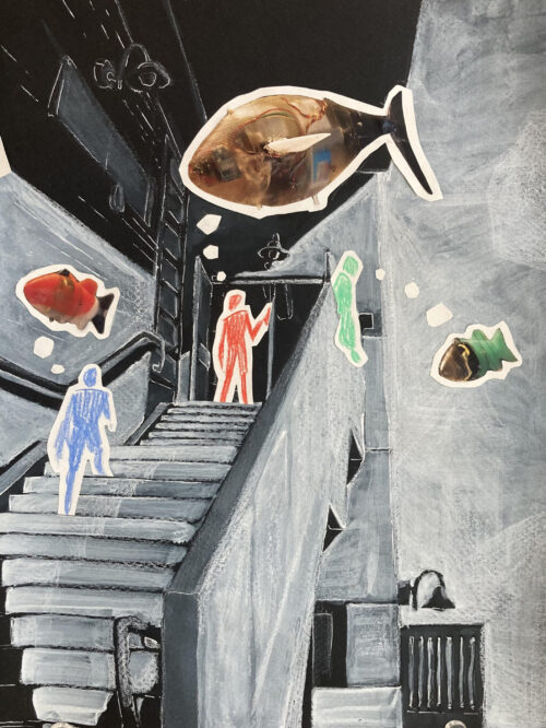collage with two figures on a stairway and fish floating overhead