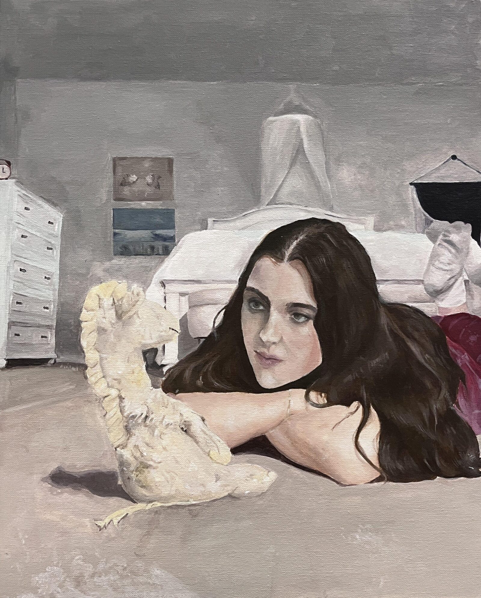 self-portrait of a person with long brown hair balanced on her elbows staring at a stuffed donkey in a bedroom