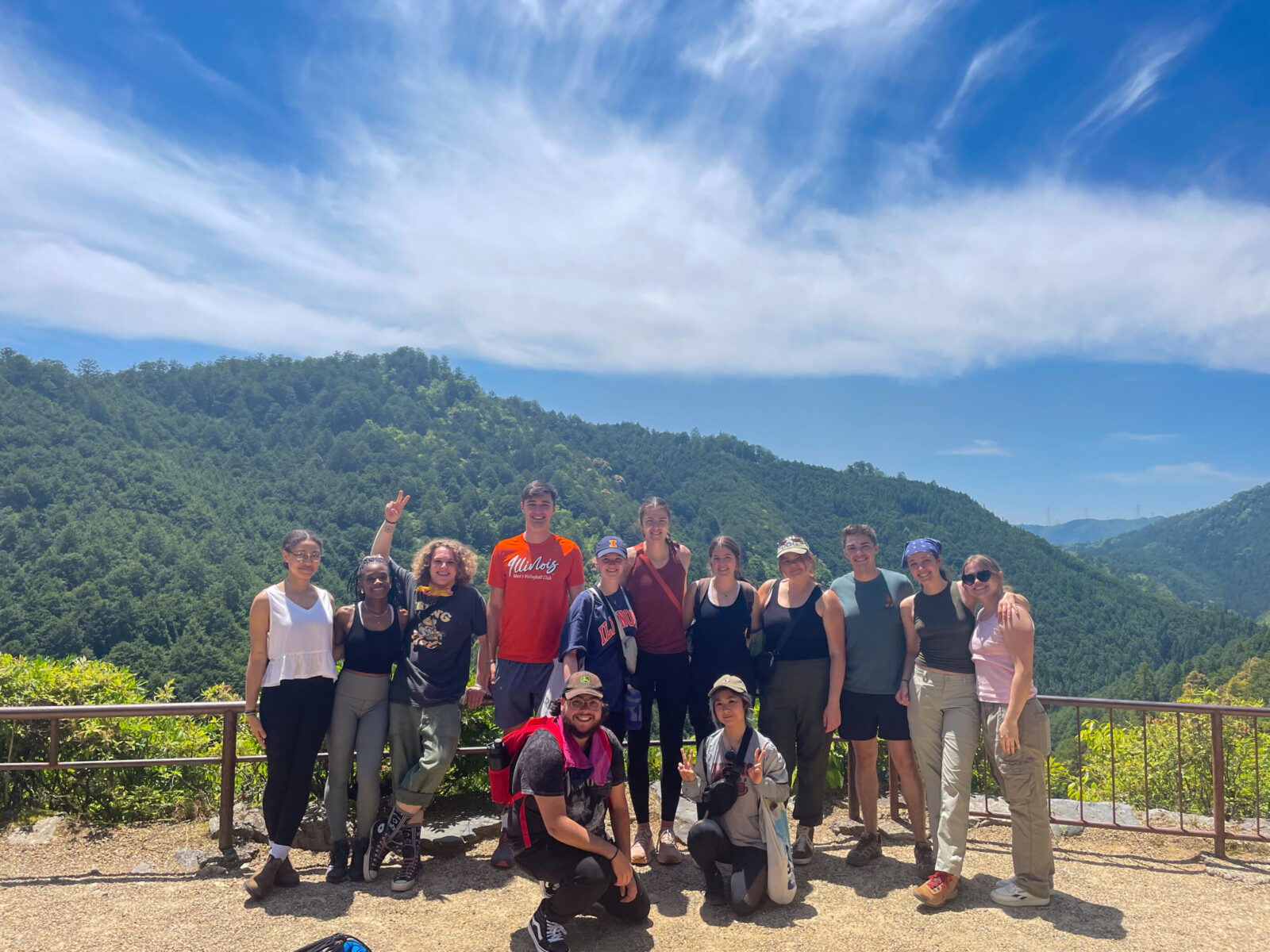 Group of people in front of mountains and blue sky