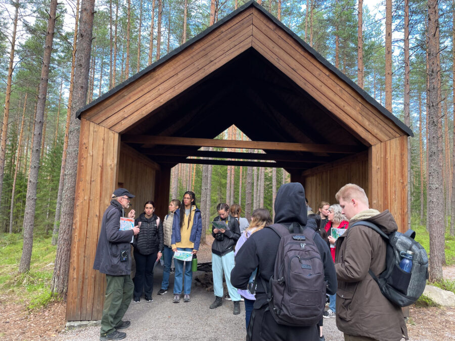 people in forest landscape under house shaped cover