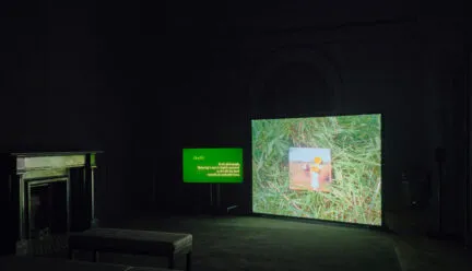 a dark gallery with screens showing green grasss surrounding a photograph and a green screen with text