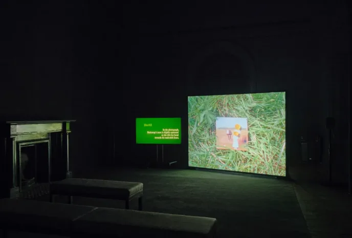 a dark gallery with screens showing green grasss surrounding a photograph and a green screen with text