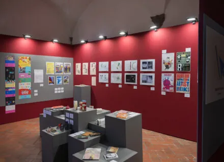 exhibition design with red wall