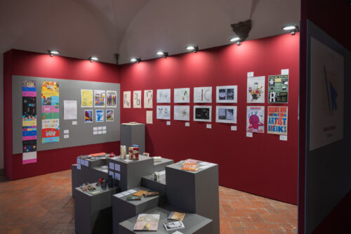 exhibition design with red wall