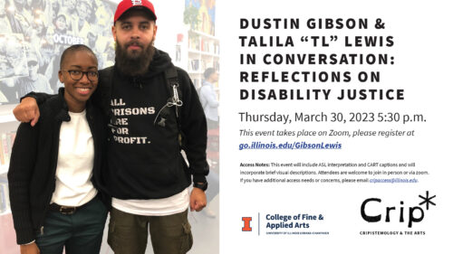 TL and Dustin pose for a photo after a conversation in 2019. Dustin, a light skinned Black man with a thick beard, has his arm around TL’s shoulder with a clenched fist of unity/power. Dustin’s black hoodie says “all prisons are for profit” and he sports a St. Louis Cardinals hat and backpack. TL is a Black medium complexion genderfluid person with a very low haircut and brown circle-framed glasses who comes up to just above Dustin’s shoulder height. TL is wearing a white shirt with a knit black cardigan over it. TL & Dustin are wearing deep green colored pants. TL & Dustin lean against each other with pride. The background has been lightened but behind Dustin and TL there is a partial image of a collaged poster of many different photographs, bookshelves and tables with chairs.