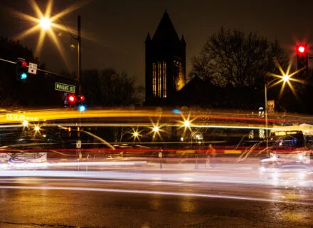 Busy night street scene on campus