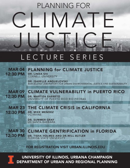 Gray and blue poster announcing Planning for Climate Justice lecture series