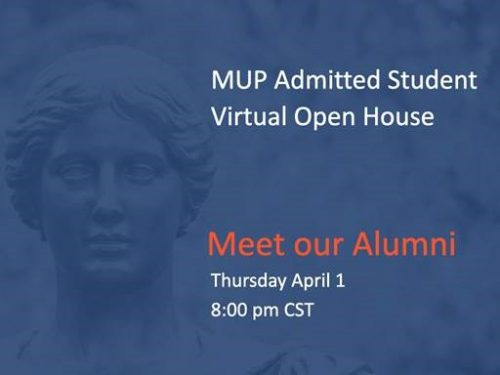 Blue, orange and white poster with picture of Alma Mater statue