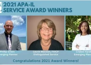 Three photos of award winners on blue background