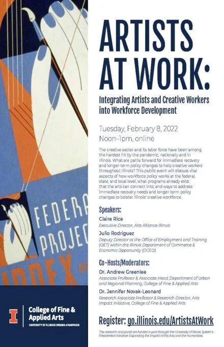 Blue, orange and white flier announcing lecture details.