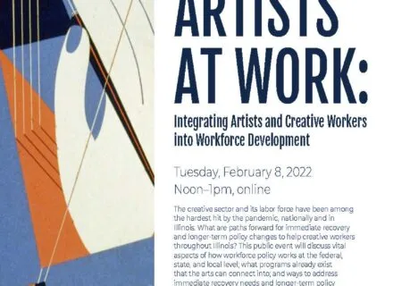 Blue, orange and white flier announcing lecture details.