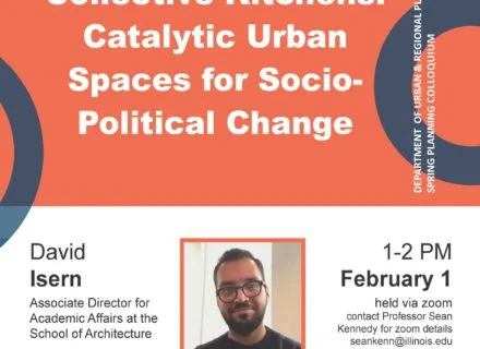 Orange, white and blue flier with photo of David Isern as well as lecture details