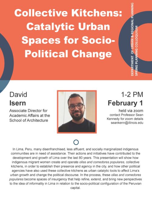 Orange, white and blue flier with photo of David Isern as well as lecture details