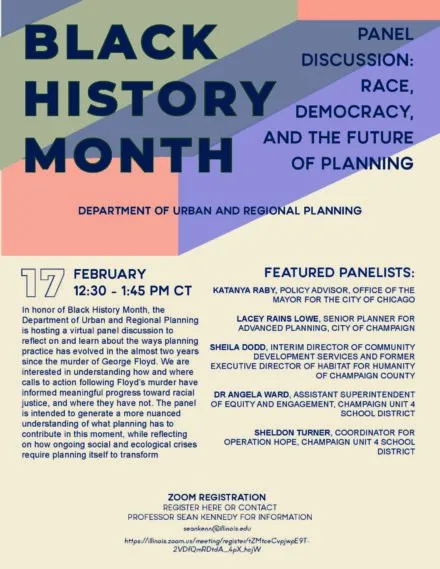 Colorful flier with details regarding panel discussion.