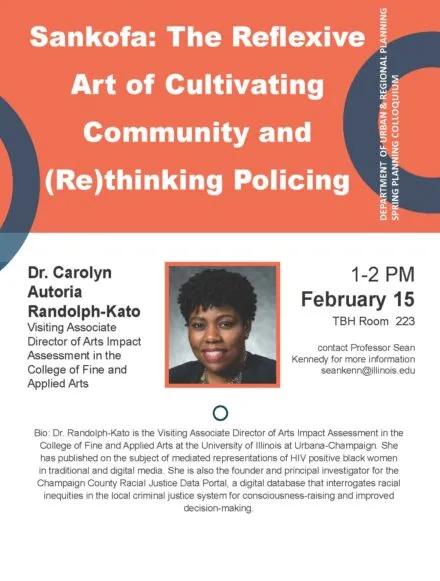 Orange, blue and white flier with photo of Dr. Randolph-Kato and lecture details