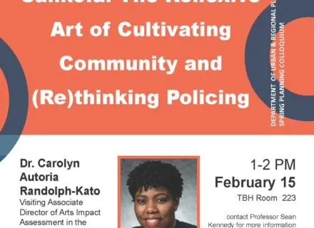 Orange, blue and white flier with photo of Dr. Randolph-Kato and lecture details