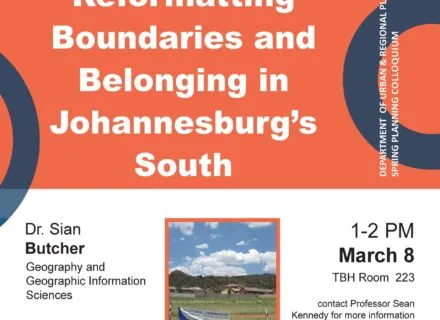 Orange, white and blue flier announcing colloquium