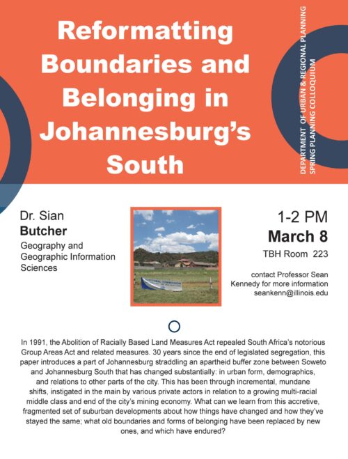 Orange, white and blue flier announcing colloquium