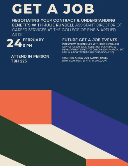 Blue, orange and green flier with beige letters giving details to Get A Job session 3