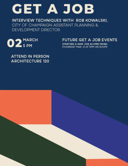 Blue, orange and green flier with beige letters giving details to Get A Job session