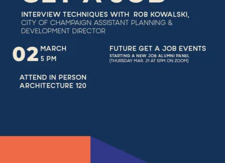 Blue, orange and green flier with beige letters giving details to Get A Job session