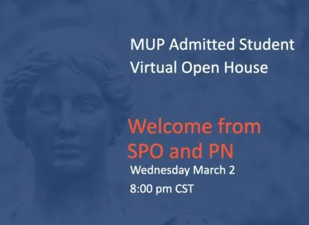 Blue poster with Alma Mater in background