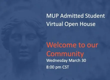 Blue poster with Alma Mater in background