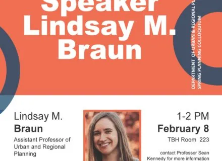 Orange, white and blue flier with photo of Lindsay Braun and presentation details